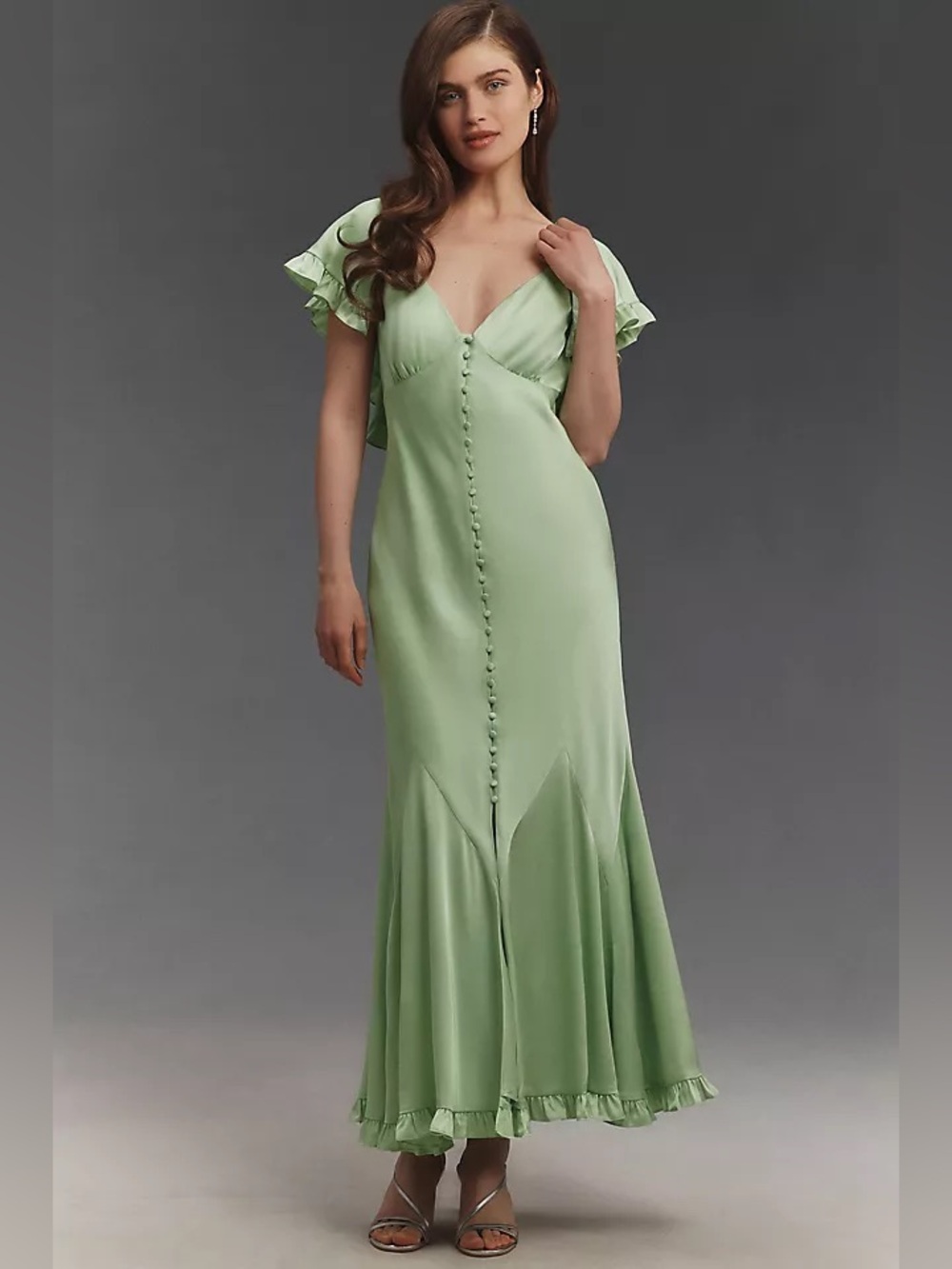 BHLDN Sage Green V-Neck Maxi Dress with Flutter Sleeves